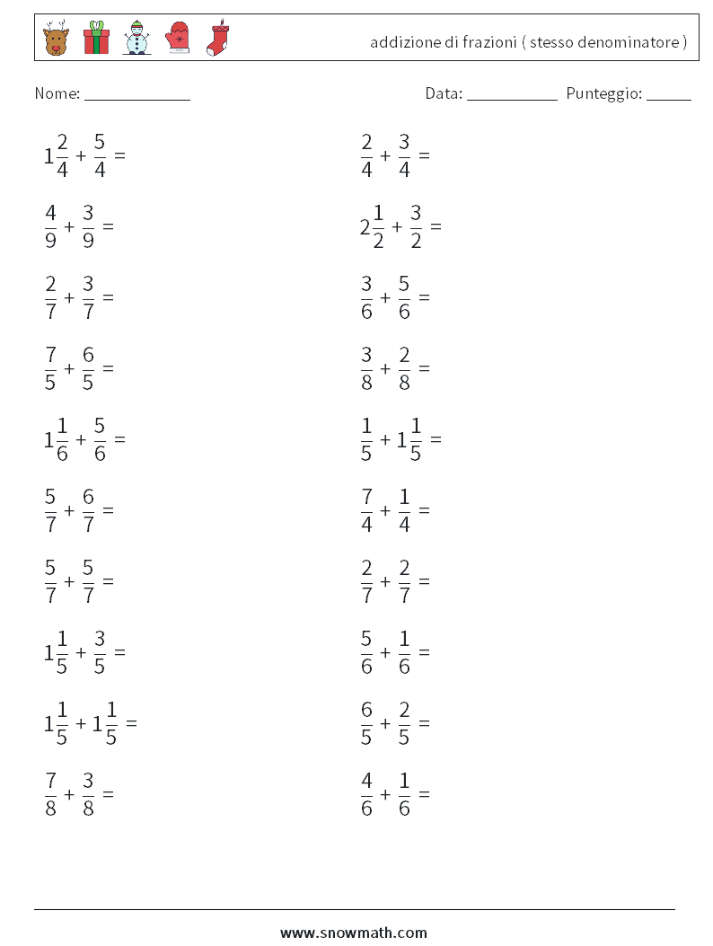 (20) addizione di frazioni ( stesso denominatore ) Fogli di lavoro di matematica 14