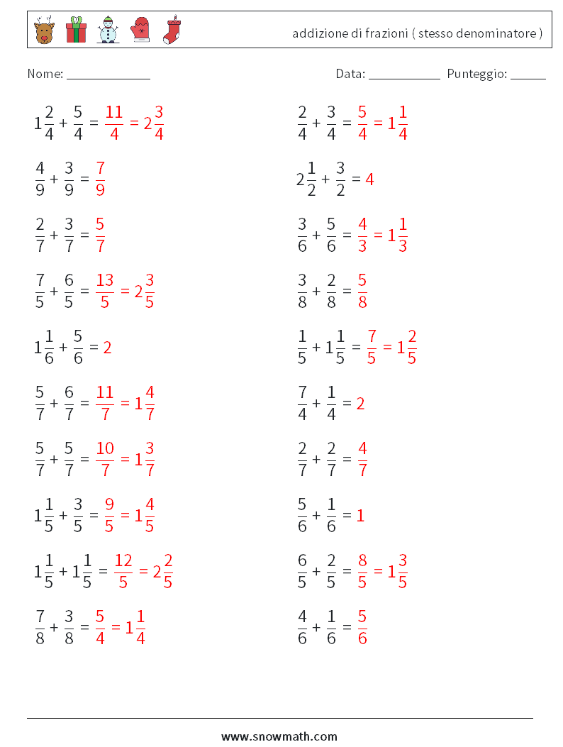 (20) addizione di frazioni ( stesso denominatore ) Fogli di lavoro di matematica 14 Domanda, Risposta