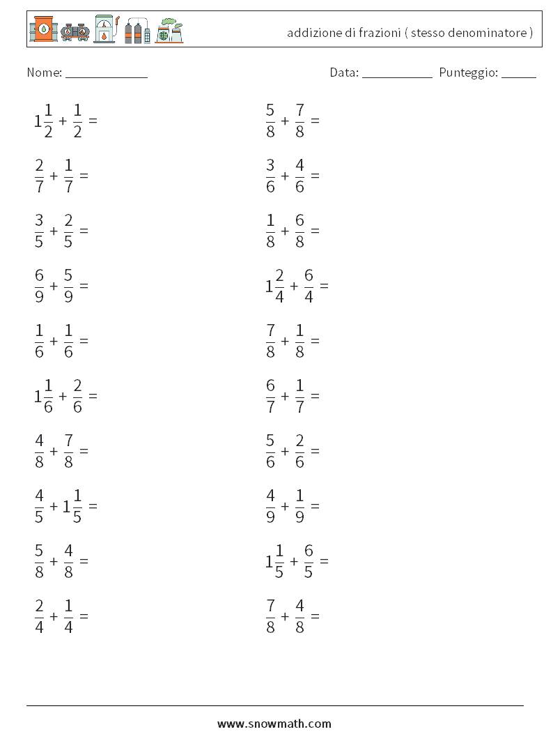 (20) addizione di frazioni ( stesso denominatore ) Fogli di lavoro di matematica 15