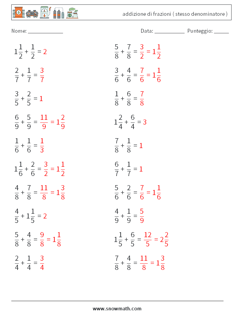 (20) addizione di frazioni ( stesso denominatore ) Fogli di lavoro di matematica 15 Domanda, Risposta