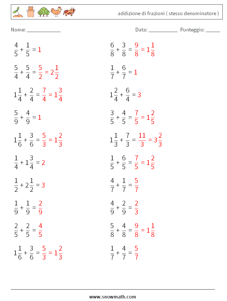 (20) addizione di frazioni ( stesso denominatore ) Fogli di lavoro di matematica 16 Domanda, Risposta