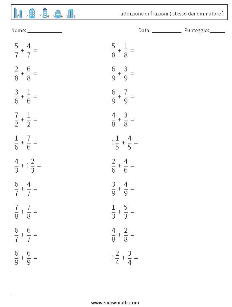 (20) addizione di frazioni ( stesso denominatore ) Fogli di lavoro di matematica 17