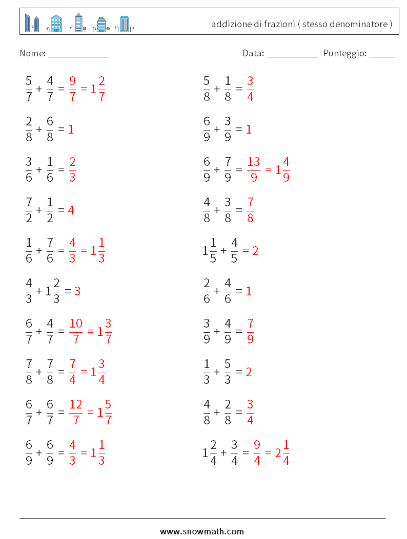 (20) addizione di frazioni ( stesso denominatore ) Fogli di lavoro di matematica 17 Domanda, Risposta