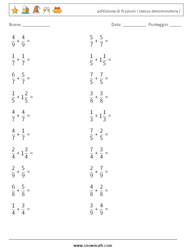 (20) addizione di frazioni ( stesso denominatore ) Fogli di lavoro di matematica 18