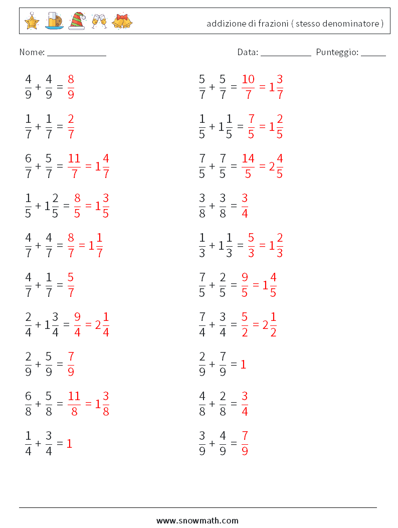 (20) addizione di frazioni ( stesso denominatore ) Fogli di lavoro di matematica 18 Domanda, Risposta