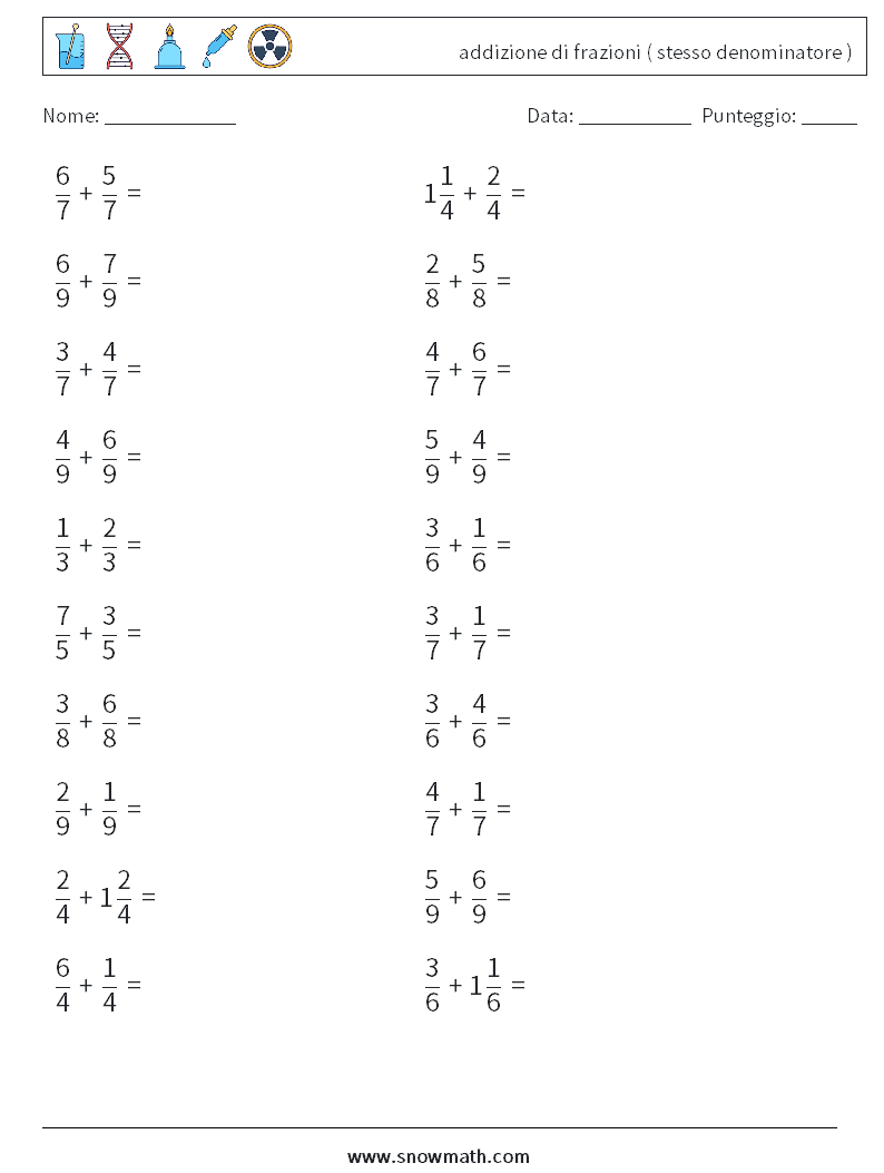 (20) addizione di frazioni ( stesso denominatore ) Fogli di lavoro di matematica 2