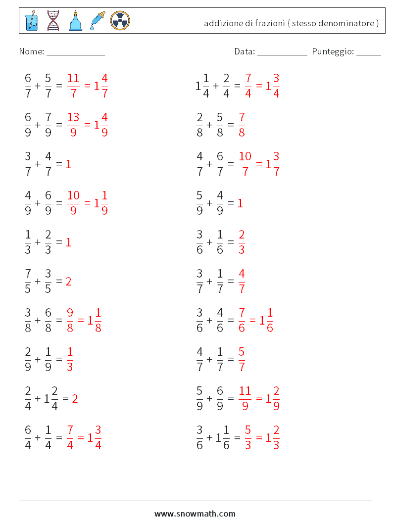 (20) addizione di frazioni ( stesso denominatore ) Fogli di lavoro di matematica 2 Domanda, Risposta