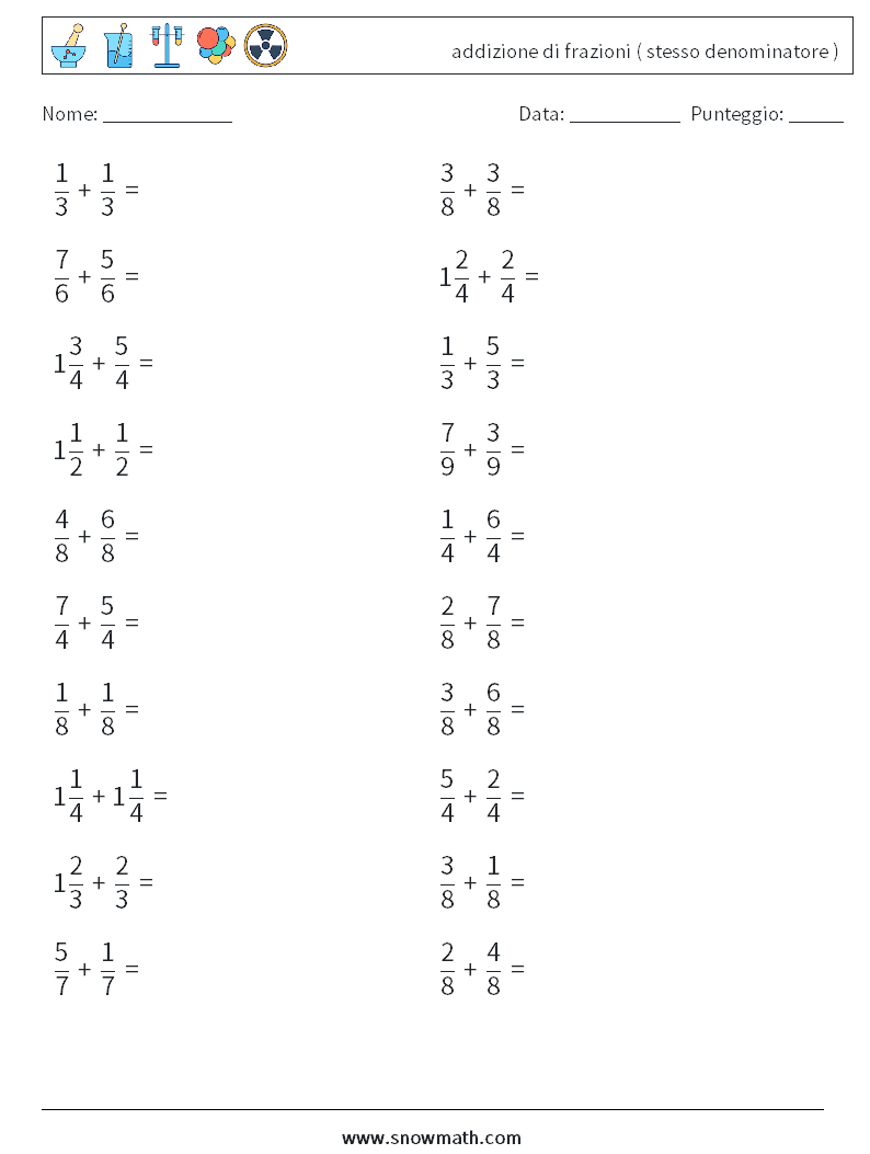 (20) addizione di frazioni ( stesso denominatore ) Fogli di lavoro di matematica 3