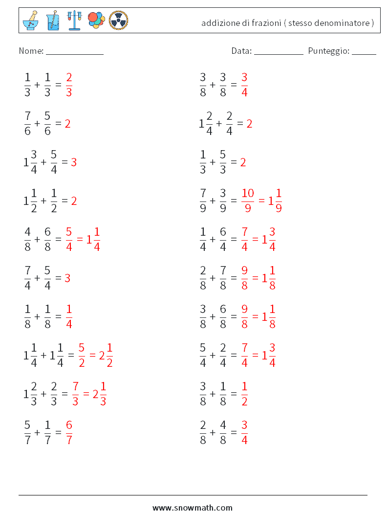 (20) addizione di frazioni ( stesso denominatore ) Fogli di lavoro di matematica 3 Domanda, Risposta
