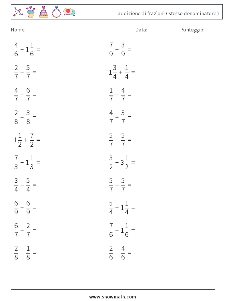 (20) addizione di frazioni ( stesso denominatore ) Fogli di lavoro di matematica 4