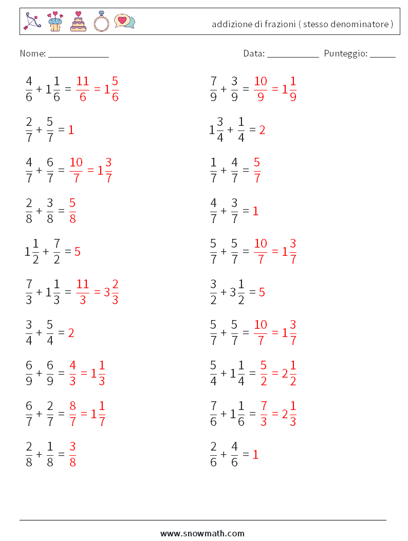 (20) addizione di frazioni ( stesso denominatore ) Fogli di lavoro di matematica 4 Domanda, Risposta