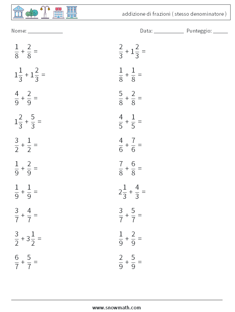 (20) addizione di frazioni ( stesso denominatore ) Fogli di lavoro di matematica 5