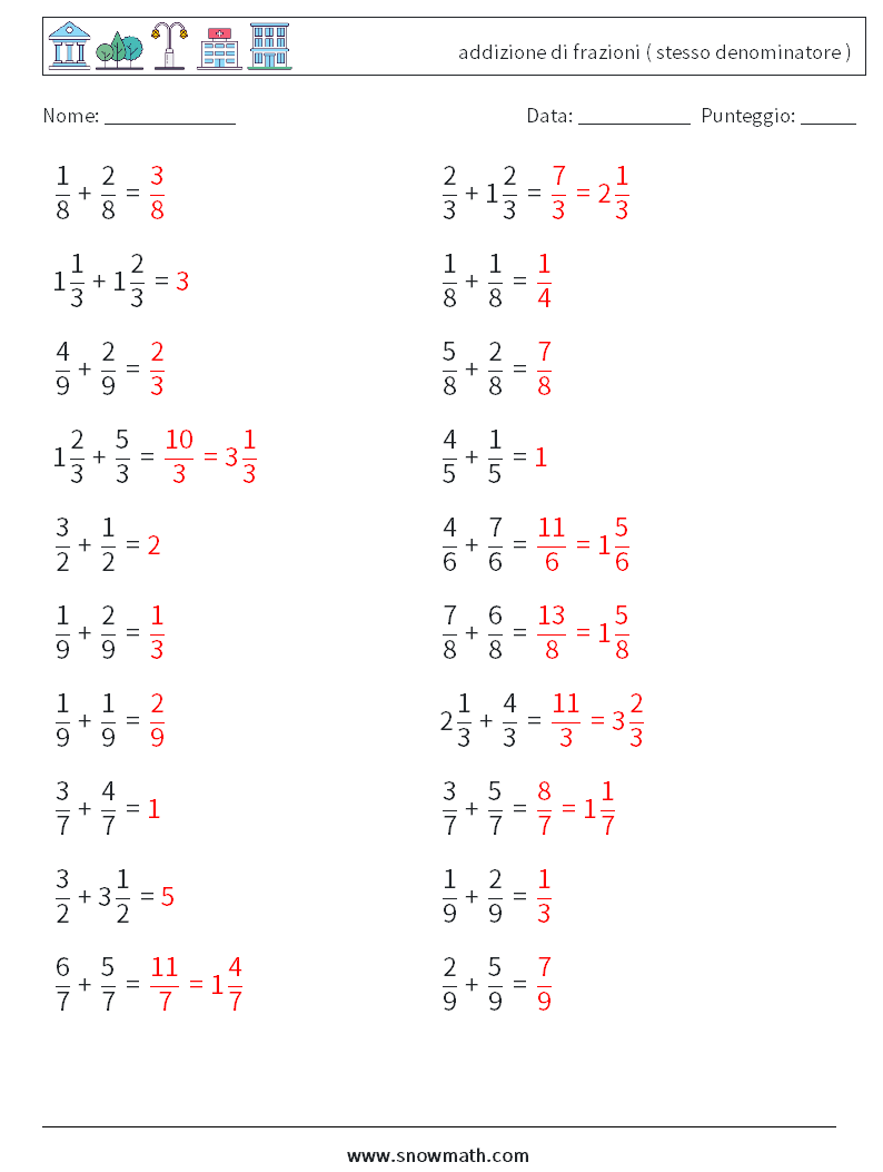 (20) addizione di frazioni ( stesso denominatore ) Fogli di lavoro di matematica 5 Domanda, Risposta