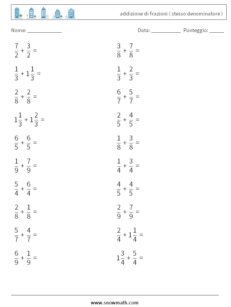 (20) addizione di frazioni ( stesso denominatore ) Fogli di lavoro di matematica 6