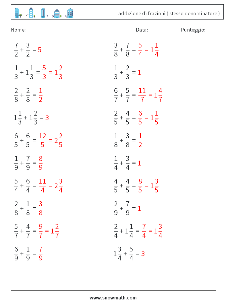 (20) addizione di frazioni ( stesso denominatore ) Fogli di lavoro di matematica 6 Domanda, Risposta