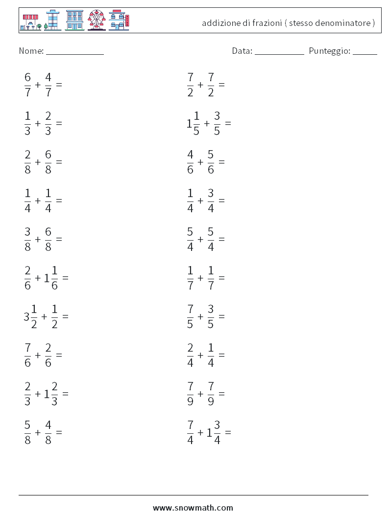 (20) addizione di frazioni ( stesso denominatore ) Fogli di lavoro di matematica 7