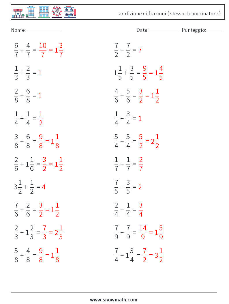 (20) addizione di frazioni ( stesso denominatore ) Fogli di lavoro di matematica 7 Domanda, Risposta