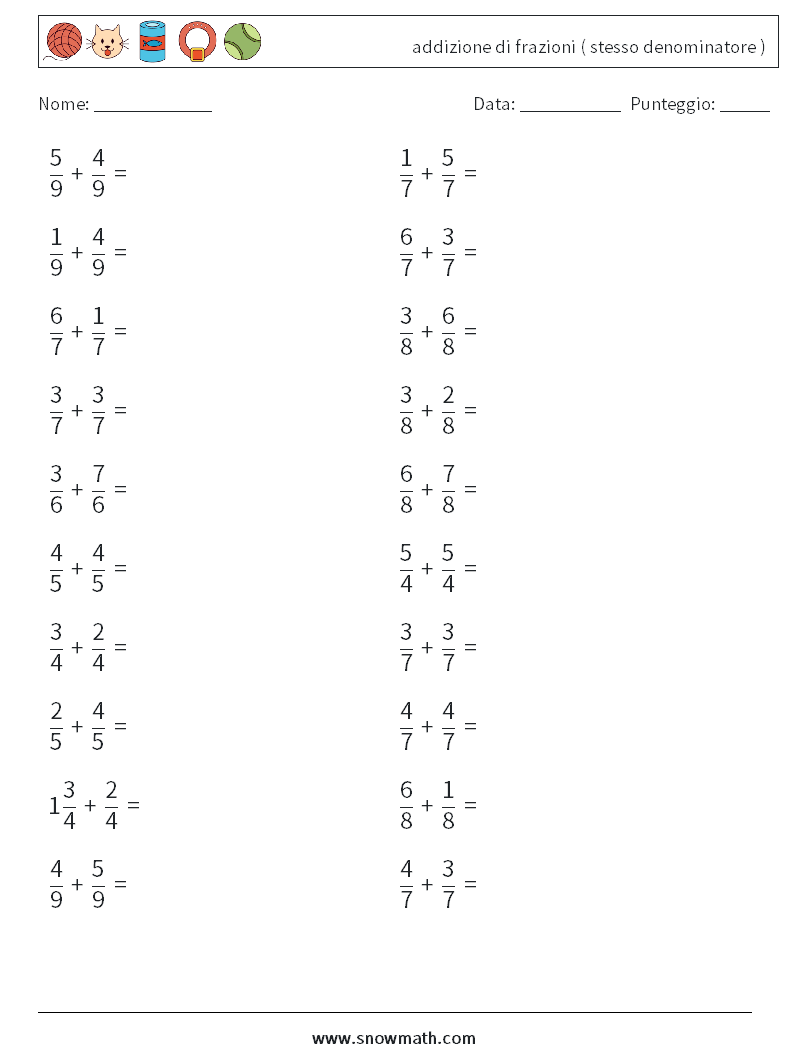 (20) addizione di frazioni ( stesso denominatore ) Fogli di lavoro di matematica 8