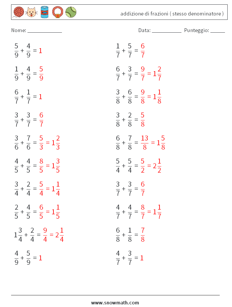 (20) addizione di frazioni ( stesso denominatore ) Fogli di lavoro di matematica 8 Domanda, Risposta