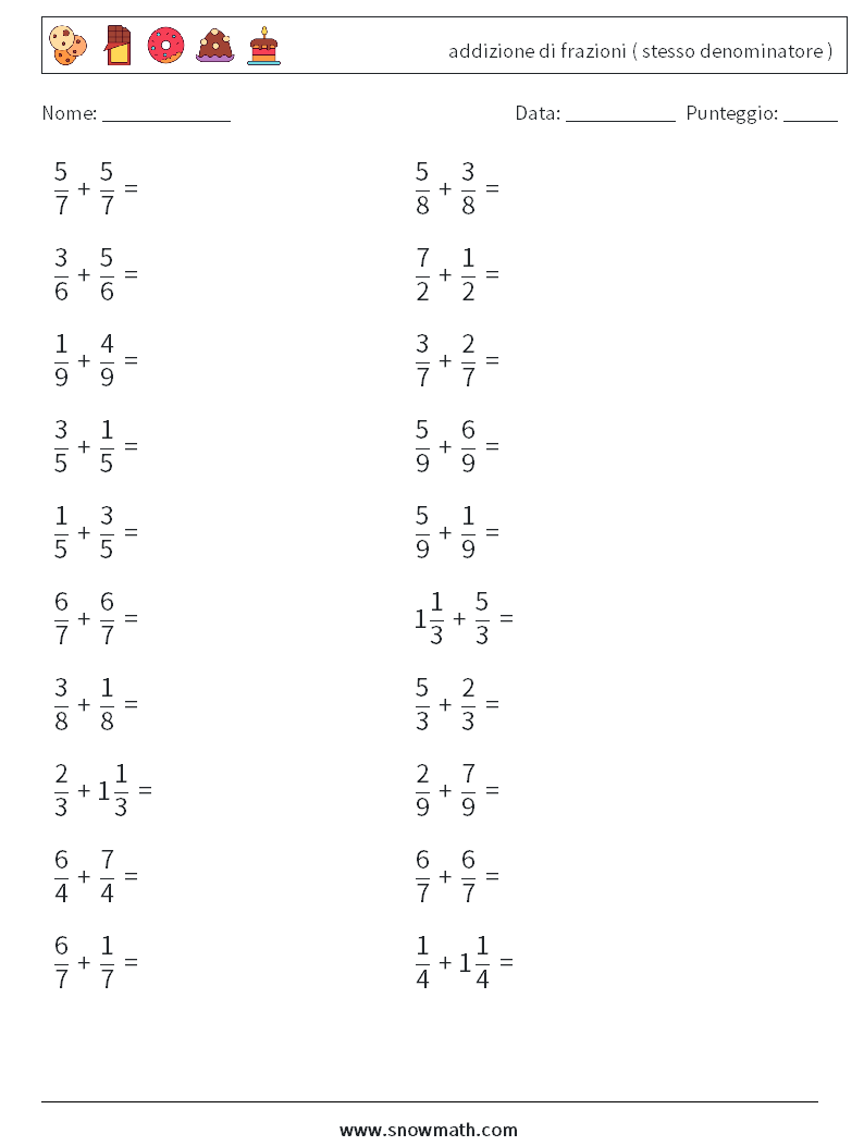 (20) addizione di frazioni ( stesso denominatore ) Fogli di lavoro di matematica 9