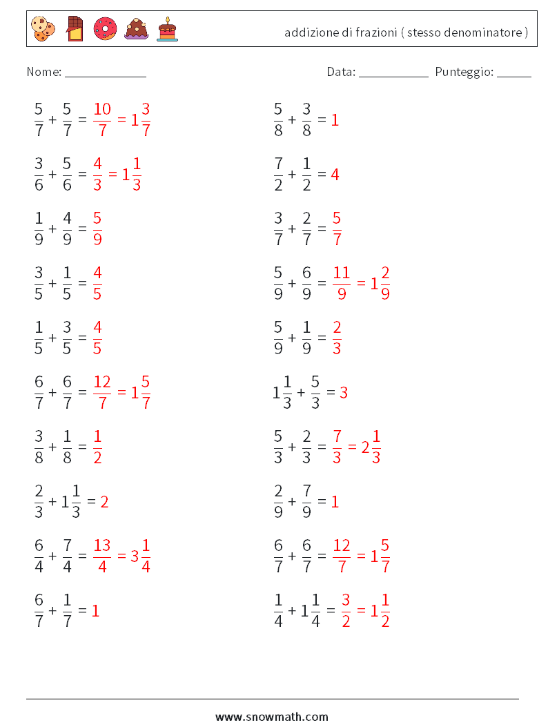 (20) addizione di frazioni ( stesso denominatore ) Fogli di lavoro di matematica 9 Domanda, Risposta