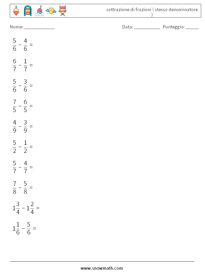(10) sottrazione di frazioni ( stesso denominatore ) Fogli di lavoro di matematica 10