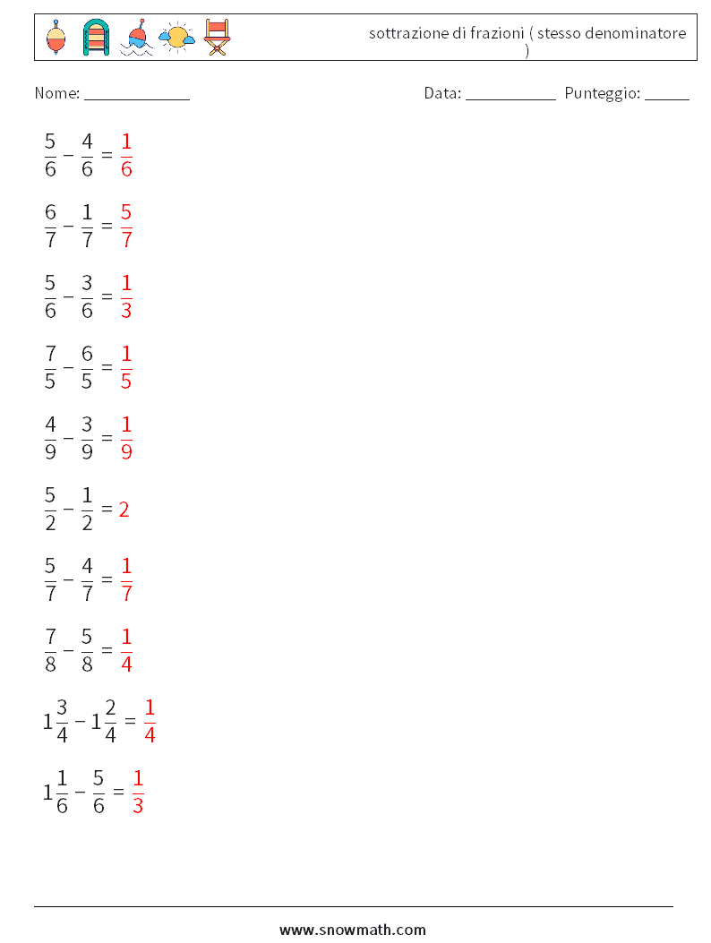 (10) sottrazione di frazioni ( stesso denominatore ) Fogli di lavoro di matematica 10 Domanda, Risposta