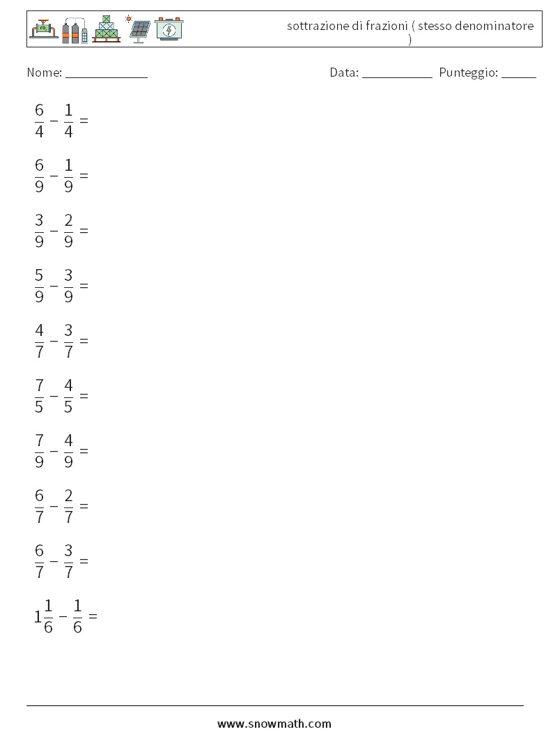 (10) sottrazione di frazioni ( stesso denominatore ) Fogli di lavoro di matematica 12