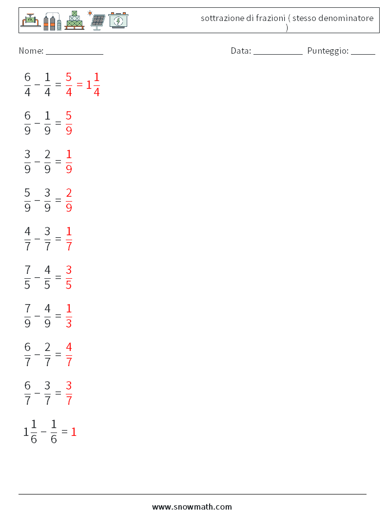 (10) sottrazione di frazioni ( stesso denominatore ) Fogli di lavoro di matematica 12 Domanda, Risposta