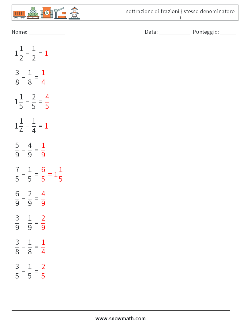 (10) sottrazione di frazioni ( stesso denominatore ) Fogli di lavoro di matematica 13 Domanda, Risposta