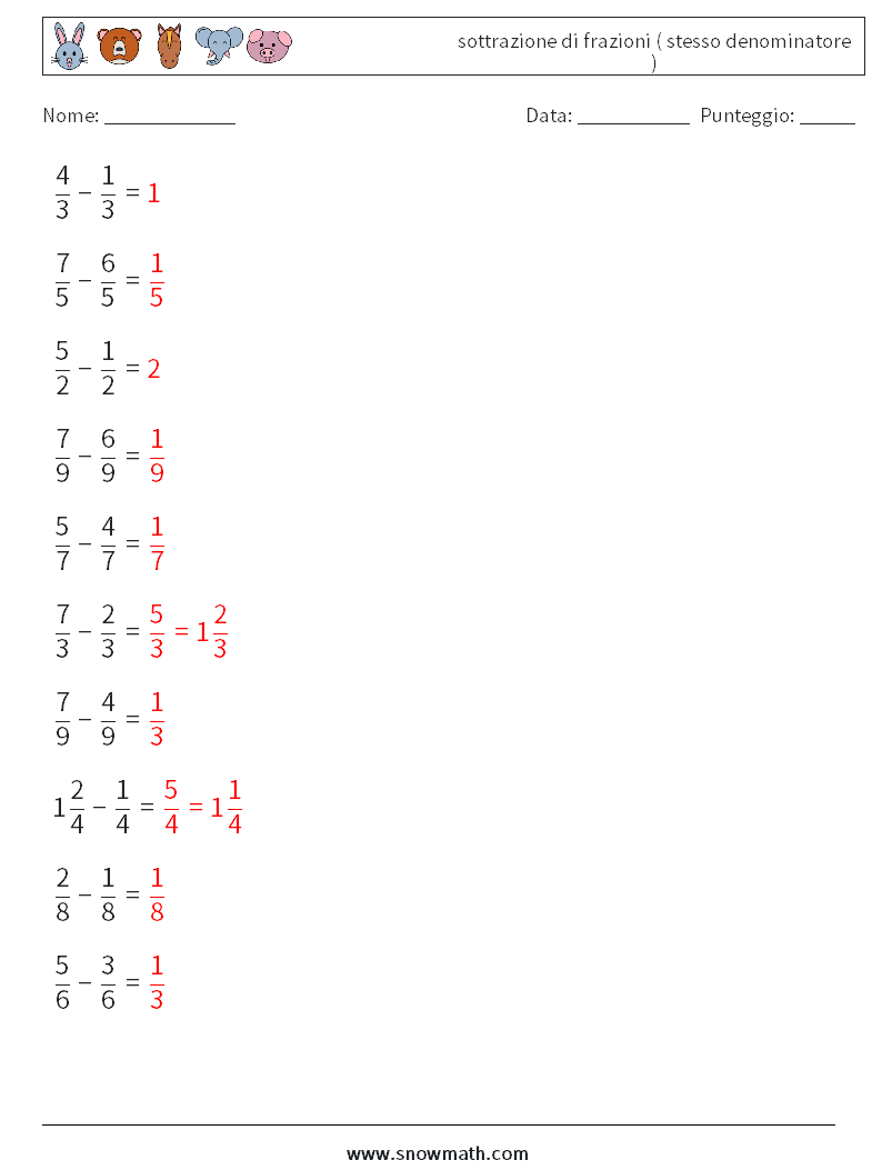 (10) sottrazione di frazioni ( stesso denominatore ) Fogli di lavoro di matematica 14 Domanda, Risposta