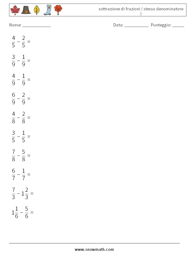 (10) sottrazione di frazioni ( stesso denominatore ) Fogli di lavoro di matematica 15