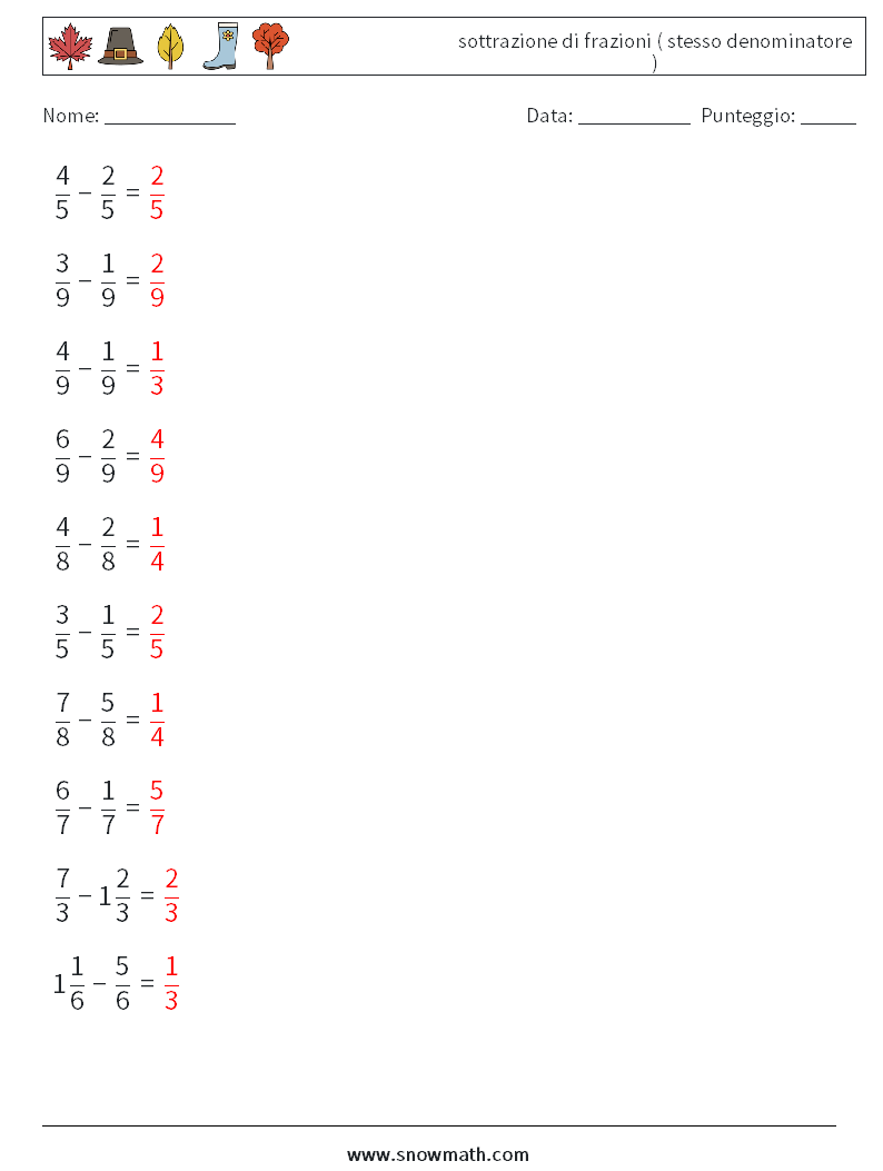 (10) sottrazione di frazioni ( stesso denominatore ) Fogli di lavoro di matematica 15 Domanda, Risposta