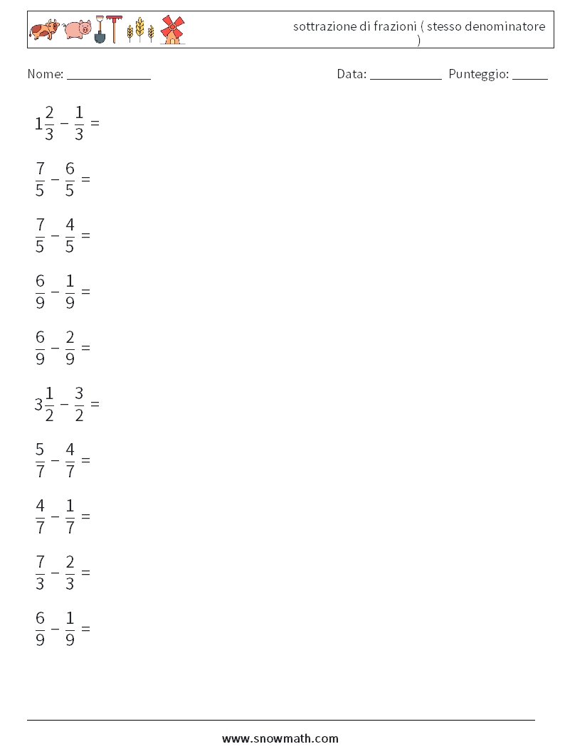 (10) sottrazione di frazioni ( stesso denominatore ) Fogli di lavoro di matematica 16
