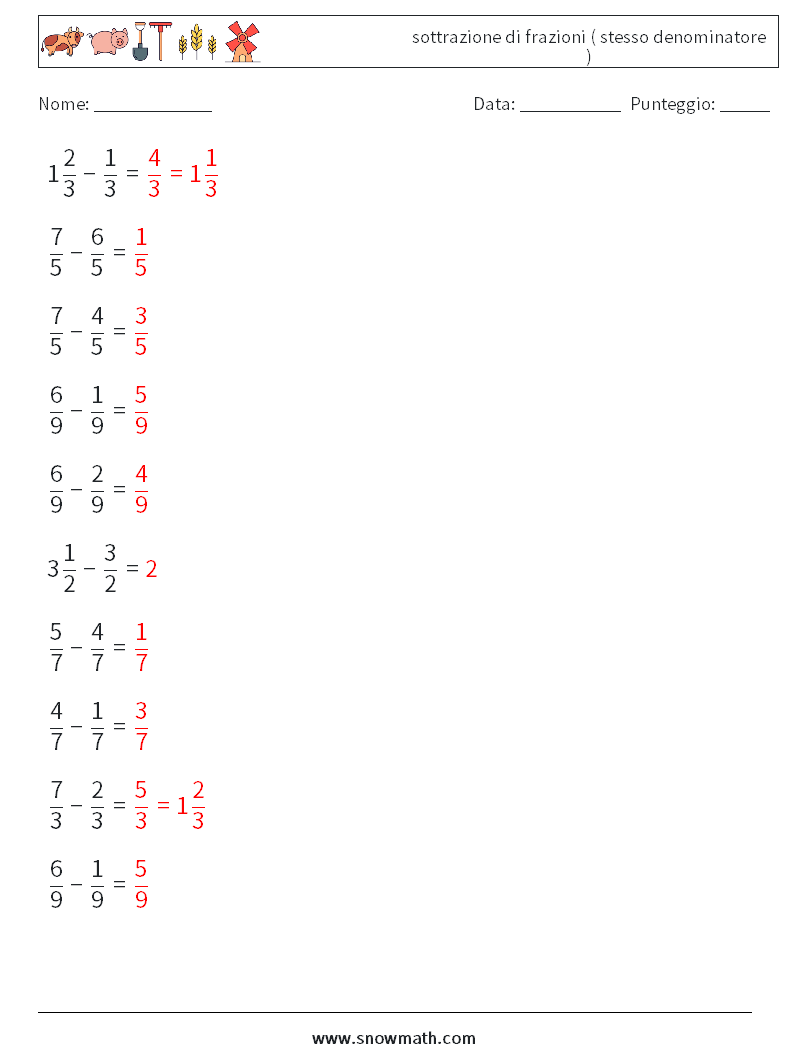 (10) sottrazione di frazioni ( stesso denominatore ) Fogli di lavoro di matematica 16 Domanda, Risposta