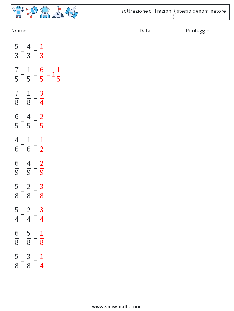 (10) sottrazione di frazioni ( stesso denominatore ) Fogli di lavoro di matematica 17 Domanda, Risposta