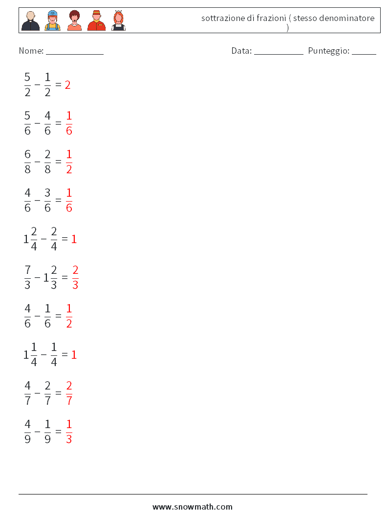 (10) sottrazione di frazioni ( stesso denominatore ) Fogli di lavoro di matematica 18 Domanda, Risposta