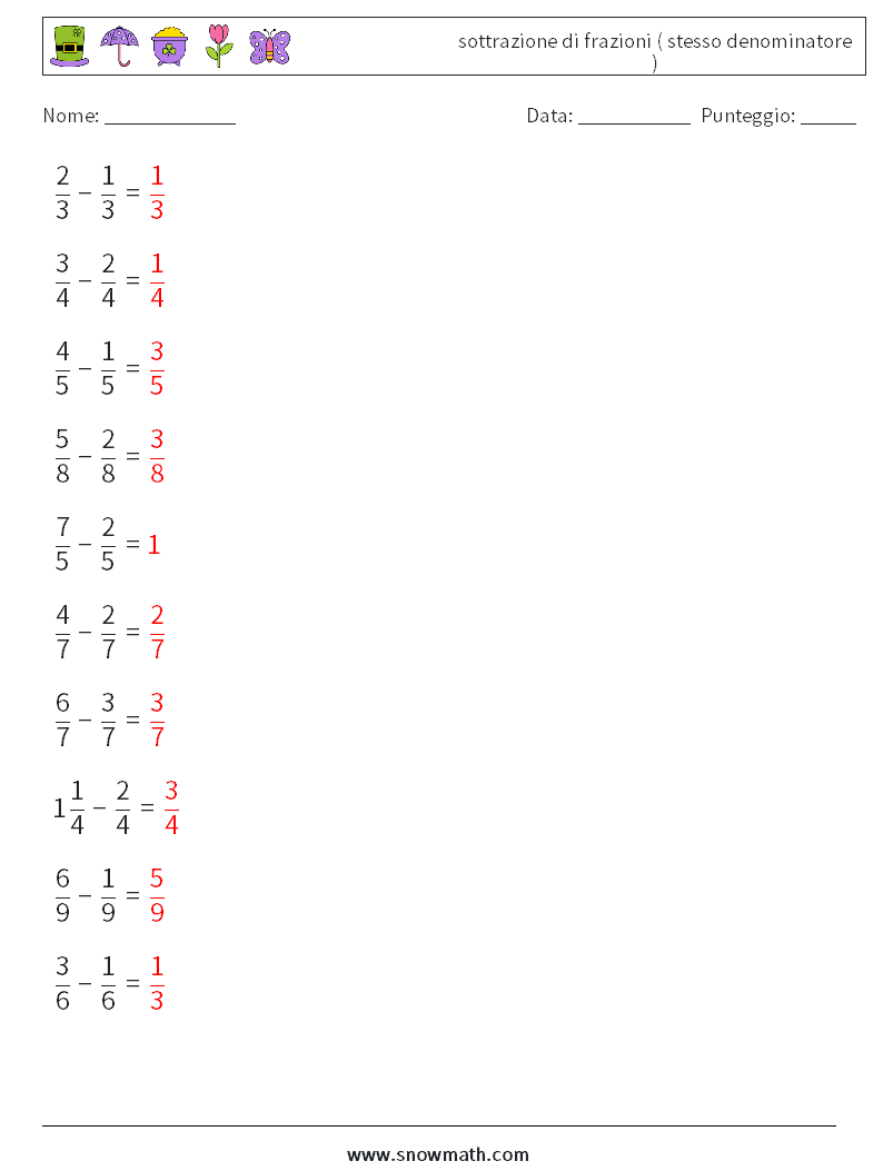 (10) sottrazione di frazioni ( stesso denominatore ) Fogli di lavoro di matematica 2 Domanda, Risposta
