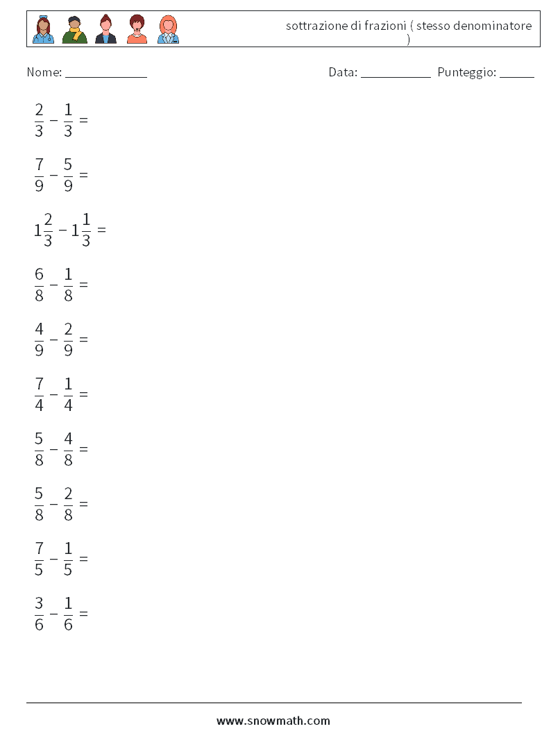 (10) sottrazione di frazioni ( stesso denominatore ) Fogli di lavoro di matematica 3