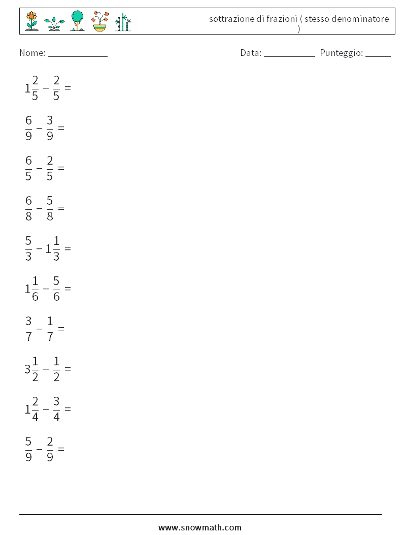 (10) sottrazione di frazioni ( stesso denominatore ) Fogli di lavoro di matematica 4