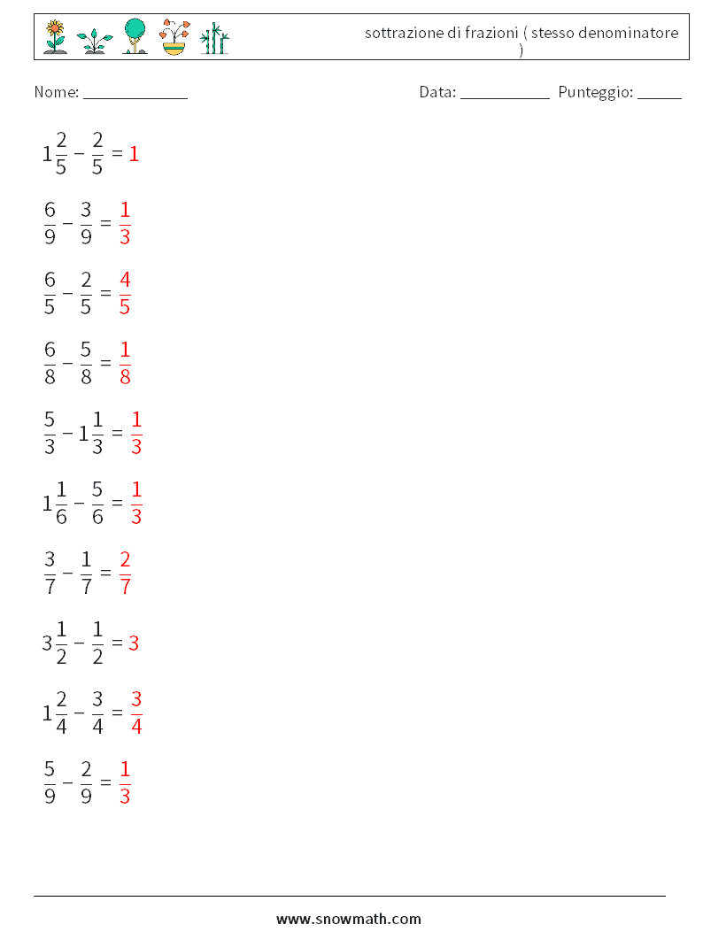 (10) sottrazione di frazioni ( stesso denominatore ) Fogli di lavoro di matematica 4 Domanda, Risposta