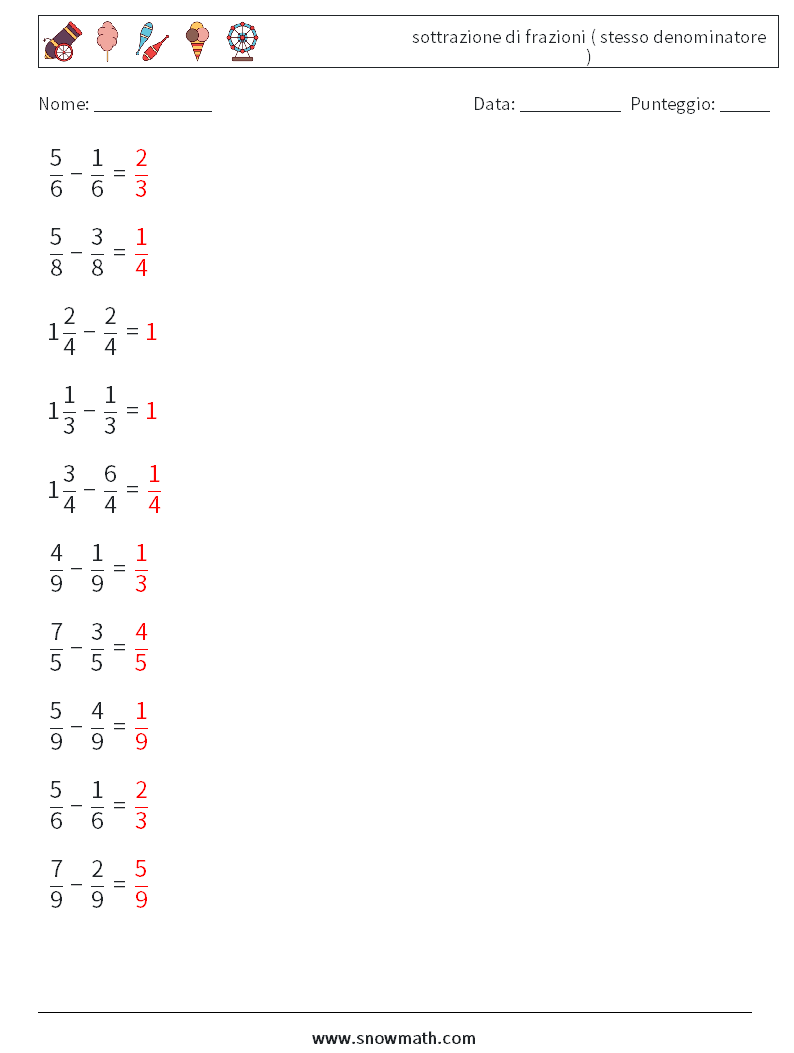 (10) sottrazione di frazioni ( stesso denominatore ) Fogli di lavoro di matematica 5 Domanda, Risposta