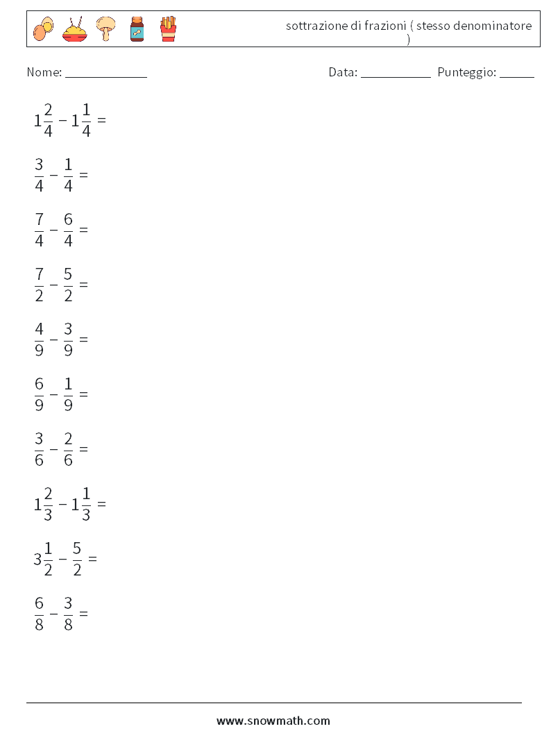 (10) sottrazione di frazioni ( stesso denominatore ) Fogli di lavoro di matematica 8