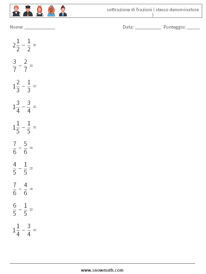(10) sottrazione di frazioni ( stesso denominatore ) Fogli di lavoro di matematica 9