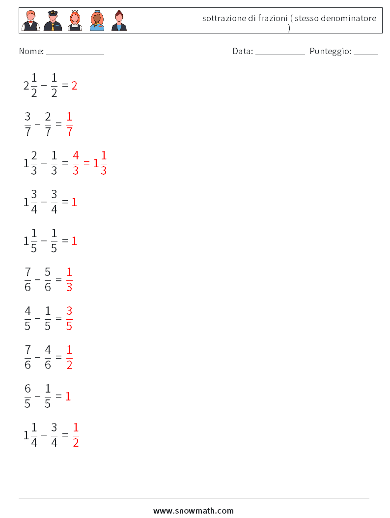 (10) sottrazione di frazioni ( stesso denominatore ) Fogli di lavoro di matematica 9 Domanda, Risposta
