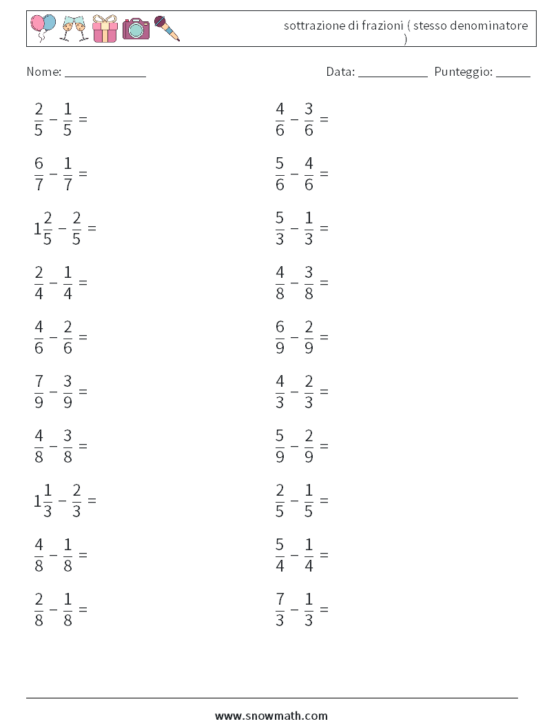 (20) sottrazione di frazioni ( stesso denominatore ) Fogli di lavoro di matematica 11