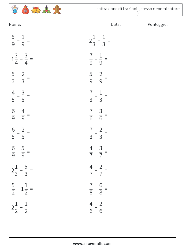 (20) sottrazione di frazioni ( stesso denominatore ) Fogli di lavoro di matematica 12