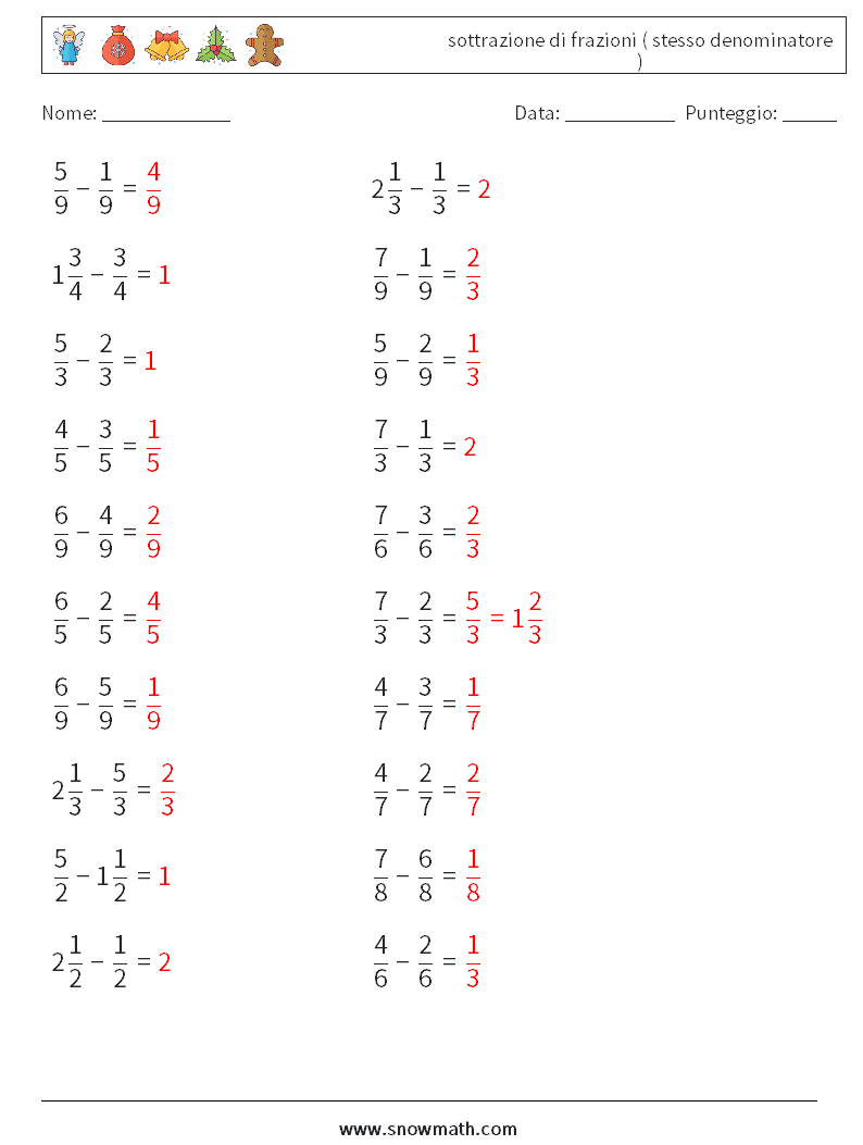 (20) sottrazione di frazioni ( stesso denominatore ) Fogli di lavoro di matematica 12 Domanda, Risposta