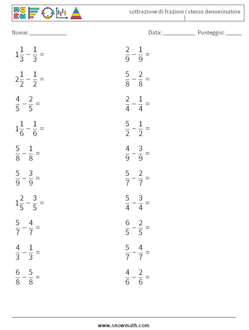 (20) sottrazione di frazioni ( stesso denominatore ) Fogli di lavoro di matematica 13