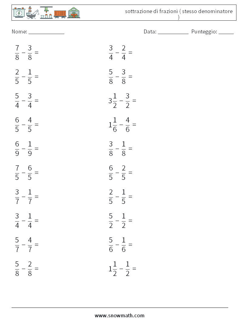 (20) sottrazione di frazioni ( stesso denominatore ) Fogli di lavoro di matematica 14